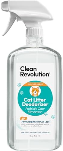 Clean Revolution Cat Litter Deodorizer Spray – 18oz, Probiotic Odor Elimination with DustLock™, Fragrance-Free, Extends Litter Life, Non-Toxic, Safe for All Cats, Made in USA by CleanRevolution