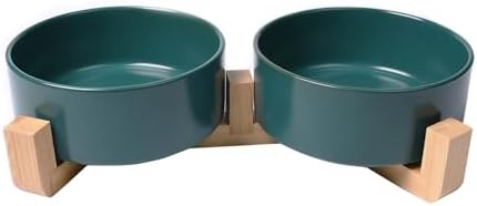 Elevated Ceramic Cat Bowl, Dog Bowl, 400 ml/13.5 oz Pet Food Bowls with Wood Stand Anti-Slip Design for Cat Dog by WAONIQ