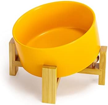 SPUNKYJUNKY 15° Slanted Ceramic Dog and Cat Bowl with Wooden Stand, Tilted Bulldog Food and Water Bowl No Slip Non-Spill for Cats Medium Dogs Big Face Pets 28.7 OZ (3.6 Cups, Yellow) by SPUNKYJUNKY