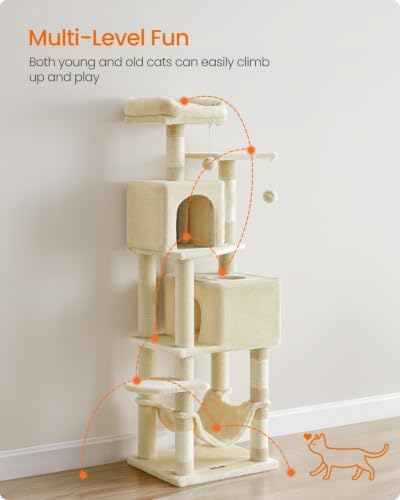 Feandrea Cat Tree, 59.5-Inch Tall Cat Tower, Multi-Level Condo, Beige - Image 3