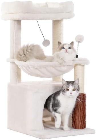 Cat Tree 32” Small Cat Tower with Large Hammock 16”& Self Groomer by Pawfessor