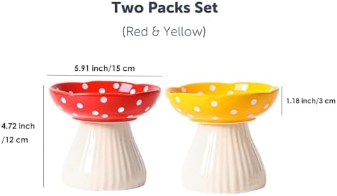 Mushroom Cat Bowl, Raised Ceramic Cat Food Dish for Whisker Fatigue, Forest Style Pet Water Bowl, Elevated Tilted Neck Protection Feeder for Indoor Cats & Small Dogs (Red & Yellow) - Image 2