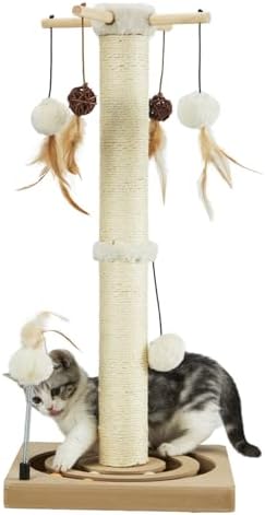 PEEKAB Cat Scratching Post Sisal Scratch Posts for Indoor Cats and Kittens,30 Inches Tall with Tracking Ball Interactive Toys and Hanging Balls Beige by PEEKAB