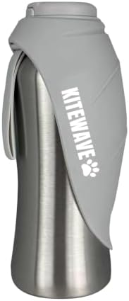 Kitewave Portable Dog Water Bottle, 27 oz Stainless Steel Pet Water Bottle with Flip-Up Leaf Bowl, Leakproof One-Press Dispenser for Walking, Hiking & Travel, BPA-Free, All Dog Breeds (Gray) by Kitewave