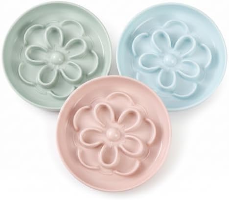 Melamine Cat Slow Feeder Bowl Set - Floral Maze Food Dishes for Cats and Small Dogs - Shallow Wide Plates for Dry & Wet Food - 3 Pack - Green & Blue & Pink by PTOBER