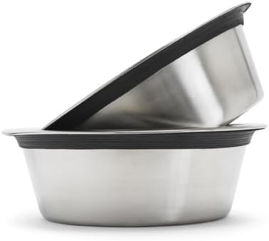 NMN Designs Heavy Duty Stainless Steel Pet Bowls - Set of 2 - Premium Food-Safe 201 Stainless Steel - Rubber Ring Edge Eliminates Noise - Pet Food and Water Bowl (MED - 2 QT Bowls)