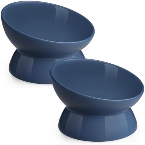 LoeJan Elevated Cat Food Bowl, 5 Oz Ceramic Raised and Tilted Water Bowl, Anti Vomiting and Protect Pets' Spines Dishes for Small Dog, Fat Faced Cat, Kitten (Deep Blue, 2 Pack | 5 OZ) by LoeJan