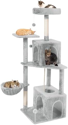 54-Inch Cat Tree Tower with 2 Caves & 2 Pompoms - Multi-Level Tower for Indoor Cats, Soft Plush Condo with Scratching Posts - Sturdy Base for Large Cats (Light Grey01) by TSCOMON