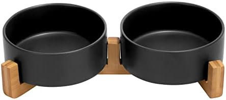 SPUNKYJUNKY Ceramic Dog and Cat Bowl Set with Wooden Stand, Modern Cute Weighted Food Water Set for Small Size Dogs (13.5OZ) & Medium Sized Dogs (28.7OZ) & Cats (1.7 Cups, 2 × Black) by SPUNKYJUNKY