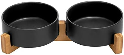 SPUNKYJUNKY Ceramic Dog and Cat Bowl Set with Wooden Stand, Modern Cute Weighted Food Water Set for Small Size Dogs (13.5OZ) & Medium Sized Dogs (28.7OZ) & Cats (1.7 Cups, 2 × Black) by SPUNKYJUNKY