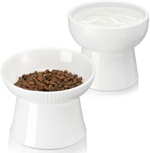 2 Pcs Cat Elevated Ceramic Bowls Raised Cat Food and Water Dishes, High Edge, Anti Vomiting Cats Feeder Bowl for Pets Kitten Puppies Dry Wet Food and Water, Dishwasher Safe by Afarnook