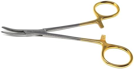 HTI DOG CAT PET HAIR PULLER REMOVER STAINLESS STEEL HEMOSTAT LOCKING FORCEPS 5" CURVED FULL SERRATED (Gold Handle) by HIGH+TECH+INSTRUMENTS