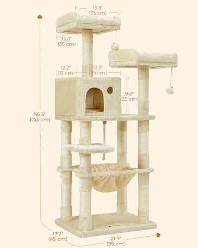 Feandrea Cat Tree, 55.8-Inch Large Cat Tower, Multi-Level Condo, Beige - Image 7