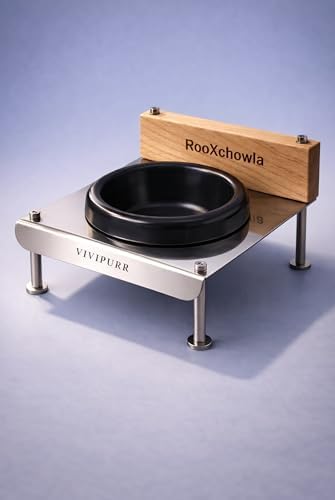 Raised Cat Food Bowl, Elevated Feeder with Ceramic Cat Bowl and Hand Polisher 304 Stainless Steel Stand,7 OZ Elevated Cat Bowls for Cats and Puppies by RooXchowla