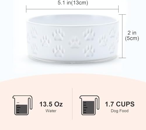 SPUNKYJUNKY Ceramic Dog and Cat Bowls 2 Pack, 5.1'' Dog and Cat Food Water Double Feeding Bowls Non-Slip for Cats and Puppy Small Sized Breed Dogs Microwave Dishwasher Safe - 13.5 OZ, 2pcs, Paw White - Image 2