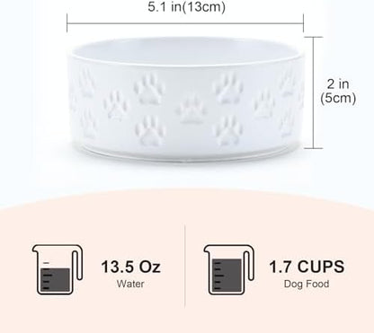 SPUNKYJUNKY Ceramic Dog and Cat Bowls 2 Pack, 5.1'' Dog and Cat Food Water Double Feeding Bowls Non-Slip for Cats and Puppy Small Sized Breed Dogs Microwave Dishwasher Safe - 13.5 OZ, 2pcs, Paw White - Image 2