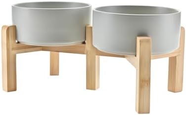 SPUNKYJUNKY Elevated Dog Bowls Ceramic, 6.1'' Dogs and Cat Food Water Bowls Raised with Non-Slip Bamboo Stand for Medium Sized Breed Microwave Dishwasher Safe - 28.7 OZ,Grey by SPUNKYJUNKY