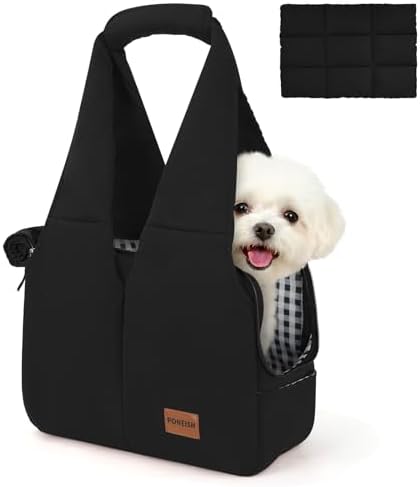 Dog Purse Carrier for Small Dogs and Cats, Soft-Sided Pet Tote Bag with 6 Large Pockets, Collapsible Travel Puppy Carrier with Small Cushion, Fits Pets up to 6 lbs (Black, 13.6" L x 6.6" W x 10" H) by Unknown