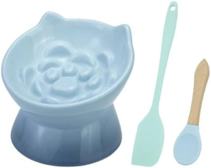 3Pcs Ceramic Cat Slow Feeder with Spoon, Raised Slow Feeder Cat Bowl, Raised Puzzle Feeder, Elevated Food Bowl, Anti Vomiting and Whisker Friendly, Non-Toxic (Blue) by Unknown
