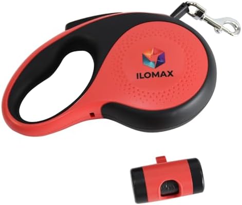 ILOMAX 360° Tangle-Free Retractable Dog Leash Built-in Waste Bag Dispenser Under Handle 2 Rolls Poop Bags Included Heavy Duty Tape Leash for Dogs up to 50kg Carry Pouch Included.26ft (Red, XL) by ILOMAX