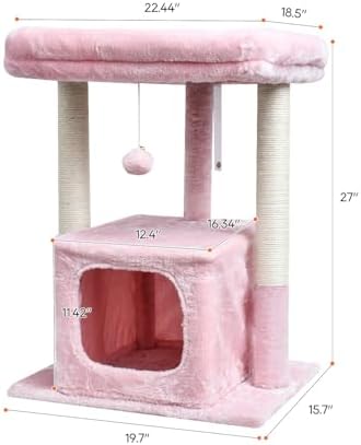 SYANDLVY Pink Cat Tree for Indoor Cats Large Adult, 27" Activity Tower - Image 3