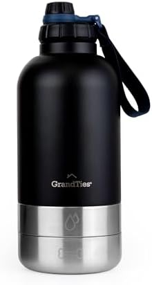 GrandTies Insulated Portable Water Bottle with 2 Detachable Dog Bowl Dispenser | Leak-Proof Food Travel Container | Walking, Hiking, Camping Accessory (64oz, Matte Black) by GrandTies