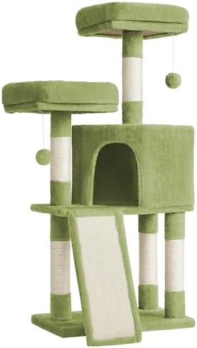 Feandrea Cat Tree, 45.3-Inch Cute Cat Tower, Plush Climbing Condo, Green - Image 7