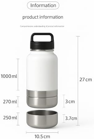Portable Dog Water Bottle 3-in-1, 32 oz Stainless Steel Travel Dog Water Dispenser with Food Container & Double Bowls, Leakproof for Walking, Hiking & Travel (White) - Image 2