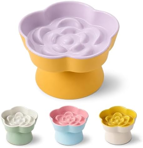 Ceramic Elevated Slow Feeder Cat Bowl, Raised and Gently Tilted Feeding Dish with Maze Design, Whisker-Friendly, Easy to Clean, for Indoor Cats and Small Dogs (Yellow/Purple) by Unknown