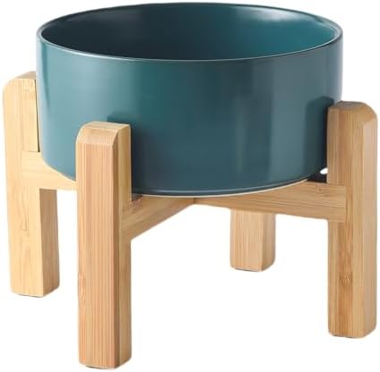 6'' Ceramic Raised Dog Bowl - 30Oz Dog Food & Water Bowl with Elevated Non-Slip Bamboo Stand, Dishwasher & Microwave Safe, Anti Vomiting Heavy Duty Pet Bowl for Small and Medium Dogs, Green by Welloyed
