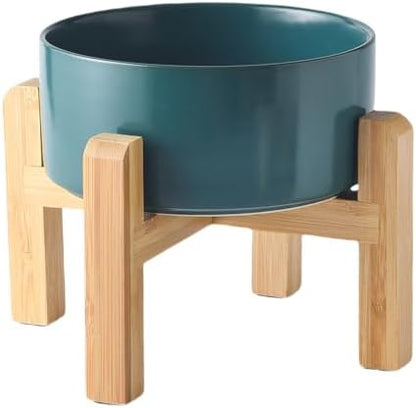 6'' Ceramic Raised Dog Bowl - 30Oz Dog Food & Water Bowl with Elevated Non-Slip Bamboo Stand, Dishwasher & Microwave Safe, Anti Vomiting Heavy Duty Pet Bowl for Small and Medium Dogs, Green by Welloyed