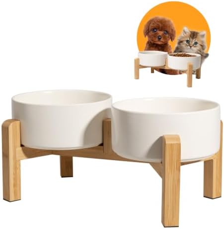 Elevated Ceramic Dog Bowl, 2 Cups Dog Food and Water Bowl Set with Stand by PTOBER
