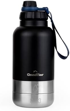 GrandTies Insulated Portable Dog Water Bottle with 2 Detachable Water Bowl Dispenser | Leak-Proof Dog Food Travel Container | Accessories for Dogs Walking, Hiking, Camping (32oz, Matte Black) by GrandTies