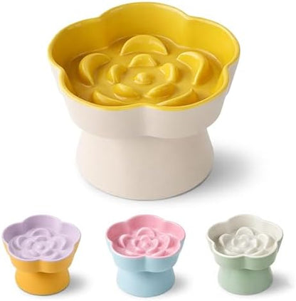 Ceramic Elevated Slow Feeder Cat Bowl, Raised and Gently Tilted Feeding Dish with Maze Design, Whisker-Friendly, Easy to Clean, for Indoor Cats and Small Dogs (Beige/Yellow) by Unknown