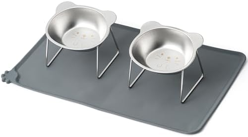 Elevated Cat Bowl with Food Mat - 2 Pack 15°Tilted Stand Raised Bowl, Stainless Steel Whisker Friendly Anti Vomiting Food Water Dishes, Silicone Feeding Mat for Cats Puppy Kitten Small Dog by Unknown