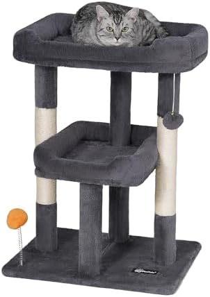 FourFurPets 27.6-Inch Cat Tree, Cat Tower for Indoor Cats, Cat Condo for Large Cats, Small Cat Tree with Scratching Post, Toy Balls, for Kittens, 2 Soft Platform, Dark Gray by FourFurPets