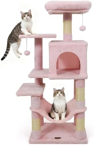 DORTALA Cat Tree for Indoor Cats, 44" Modern Cat Tower with Top Perch, Condo, Hammock, Sisal Scratching Posts, Dangling Balls, Platforms, Multi-Level Pet Climbing Furniture Playground (Pink) by DORTALA