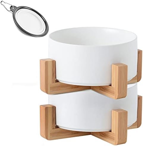 Petygooing White Ceramic Cat Dog Bowl Set with Stand,Small Dog Bowls,Pet Food and Water Dish, Anti Slip Set of 2 Cat Bowls Pet Food Bowl- Pet Dish Small Size Pet (13.5OZ/5.1 in) by PetygooingforYOURLOVEDPET
