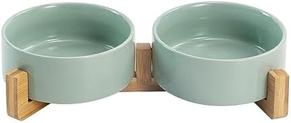 SPUNKYJUNKY Ceramic Dog and Cat Bowl Set with Wooden Stand, Modern Cute Weighted Food Water Set for Small Size Dogs (13.5OZ) & Medium Sized Dogs (28.7OZ) & Cats (1.7 Cups, 2 × Morandi Green) by SPUNKYJUNKY