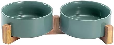 SPUNKYJUNKY Ceramic Dog and Cat Bowl Set with Wooden Stand, Modern Cute Weighted Food Water Set for Small Size Dogs (13.5OZ) & Medium Sized Dogs (28.7OZ) & Cats (1.7 Cups, 2 × Light Green) by SPUNKYJUNKY