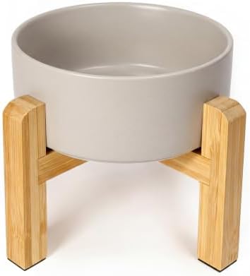 Ceramic Elevated Dog Bowl with Bamboo Stand, for Small & Medium Dog, Grey by HCHLQLZ