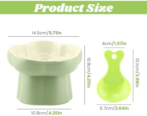 Raised Slow Feeder Cat Bowl, 5.71 Inch Ceramic Elevated and Tilted Cat Food Bowl with 2 Scoops, Flower Shaped Cute Cat Dish for Dry and Wet Food (Green) - Image 2