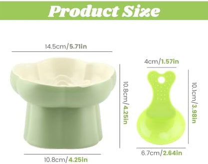 Raised Slow Feeder Cat Bowl, 5.71 Inch Ceramic Elevated and Tilted Cat Food Bowl with 2 Scoops, Flower Shaped Cute Cat Dish for Dry and Wet Food (Green) - Image 2