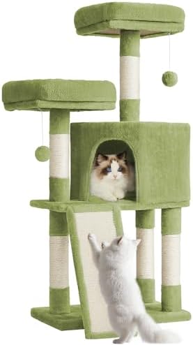 Feandrea Cat Tree, 45.3-Inch Cute Cat Tower, Plush Climbing Condo, Green by FeandreabySONGMICSHOME