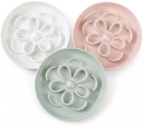 Melamine Cat Slow Feeder Bowl Set - Floral Maze Food Dishes for Cats and Small Dogs - Shallow Wide Plates for Dry & Wet Food - 3 Pack - White & Pink & Green by PTOBER