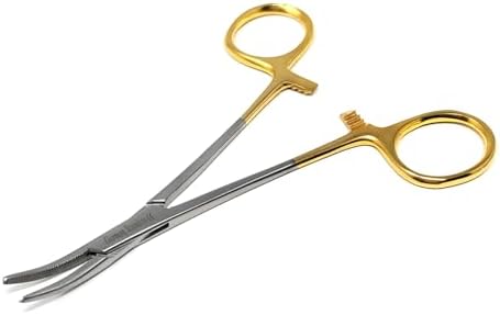 HTI Dog CAT PET Hair Puller Remover Stainless Steel Hemostat Locking Forceps 5.5" Curved Full Serrated (Gold Handle) by HIGH+TECH+INSTRUMENTS