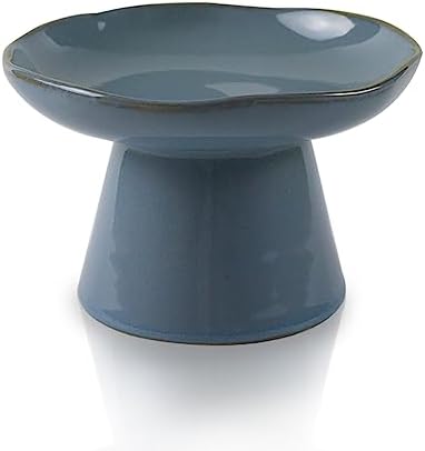 Extra Wide 6.1" Ceramic Raised Cat Food Bowl, Shallow Elevated Pet Feeder for Food Feeding, Anti Vomiting Whisker Fatigue Bowls for Cat Puppy, Blue by Careforyourbelovedfurbaby