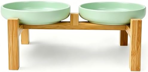 Shallow Elevated Cat Bowls with Bamboo Stand, 6.1 Inch Wide Ceramic Cat Dish Whisker Friendly, 2 Pack Pet Food and Water Plates by Lfpkixise