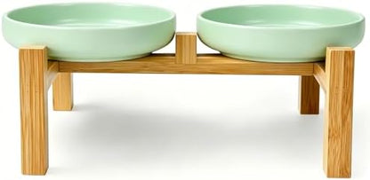 Shallow Elevated Cat Bowls with Bamboo Stand, 6.1 Inch Wide Ceramic Cat Dish Whisker Friendly, 2 Pack Pet Food and Water Plates by Lfpkixise
