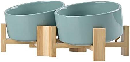 SPUNKYJUNKY 15° Slanted Ceramic Dog and Cat Bowl with Wooden Stand, Tilted Bulldog Food and Water Bowl No Slip Non-Spill for Cats Medium Dogs Big Face Pets 28.7 OZ (3.6 Cups, Light Green × 2) by SPUNKYJUNKY